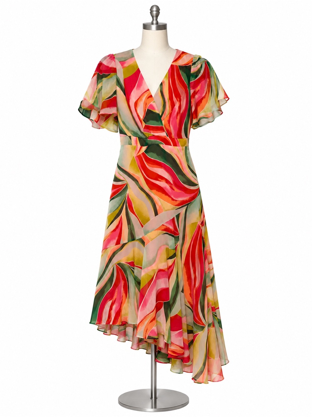 Jessica Howard Multicolor Wrap Dress in Red, Pink, Green and Yellow- petite